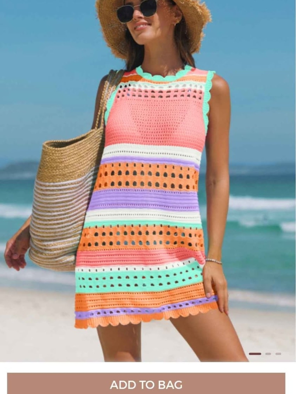 Crochet Beach Cover-Up Dress in Coral & Mint